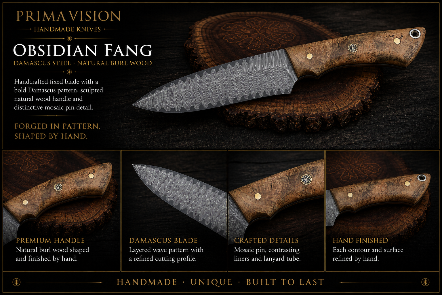 Obsidian Fang handcrafted Prima Vision Damascus knife feature collage