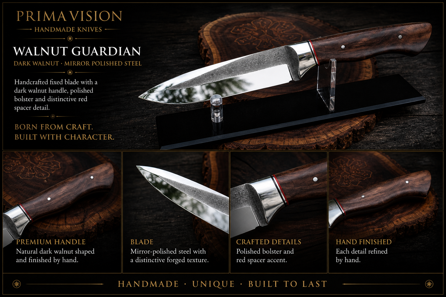 Walnut Guardian handcrafted Prima Vision knife feature collage